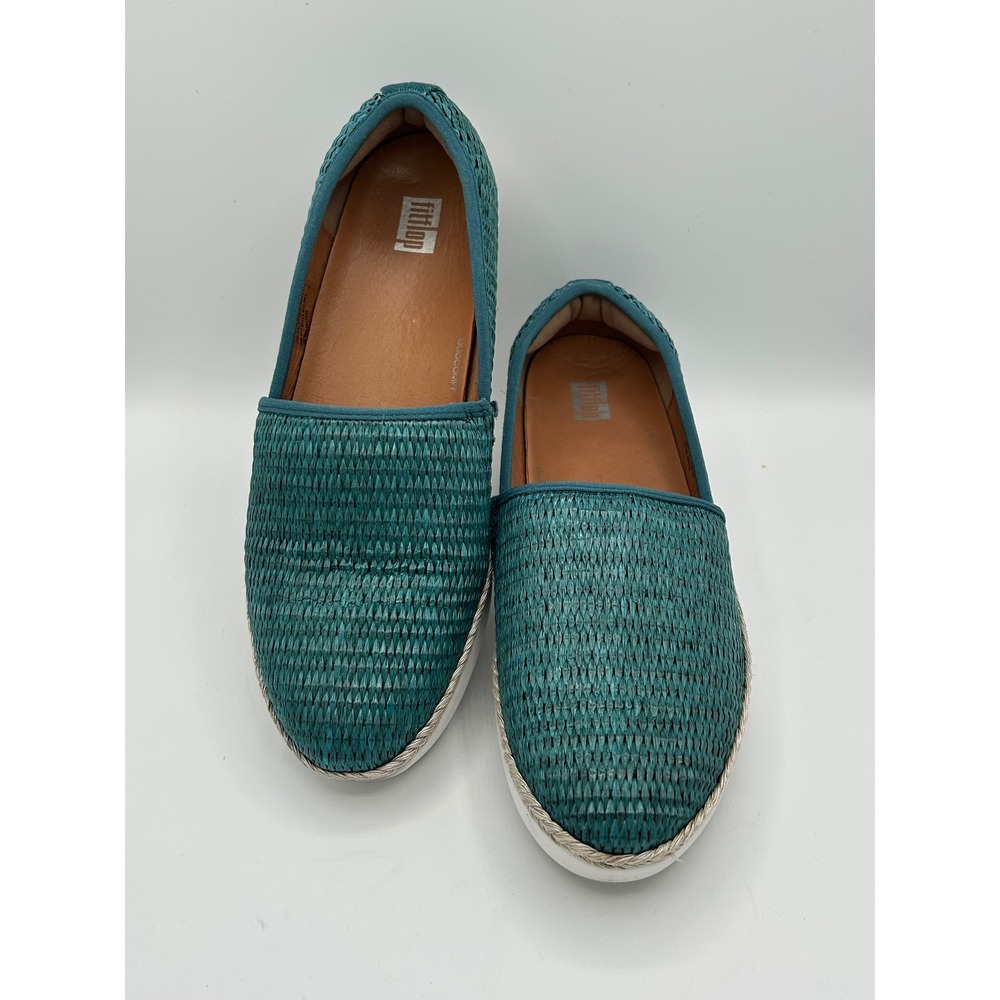 FitFlop Duocomff Teal Woven Slip On Sneakers Platform Loafers Women Sz 8.5